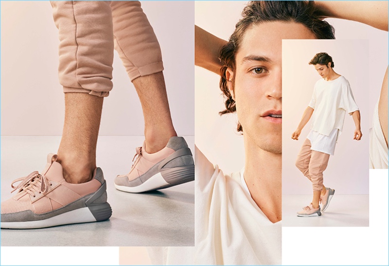 Miles McMillan has a nude style moment in ALDO's color blocked Landrienne sneakers.