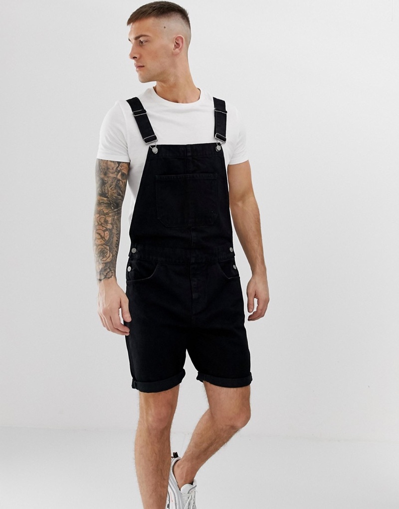 ASOS Design Denim Overall Shorts in Black $56