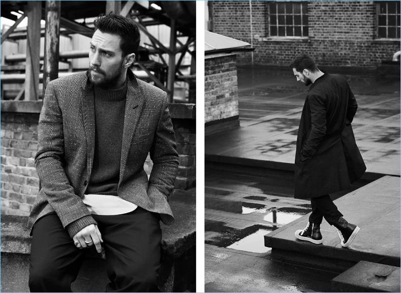 Left: Aaron Taylor-Johnson wears a Saint Laurent jacket with a Balenciaga sweater, Gucci t-shirt, and Raf Simons trousers. Right: Johnson rocks a Rick Owens trench coat with a Lanvin blazer with By Walid trousers and Rick Owens sneakers.