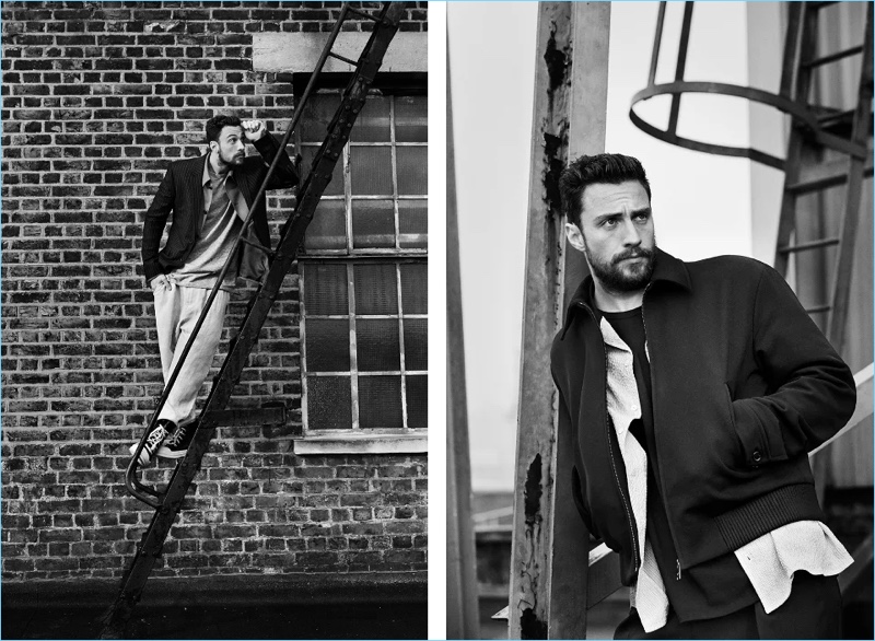 Left: Posing on a ladder, Aaron Taylor-Johnson wears a Saint Laurent blazer, Prada jacket, and an A.P.C. shirt. Johnson also dons By Walid trousers and Rick Owens sneakers. Right: Johnson sports a Prada bomber jacket, Raf Simons shirt, Acne Studios t-shirt, and Givenchy trousers.