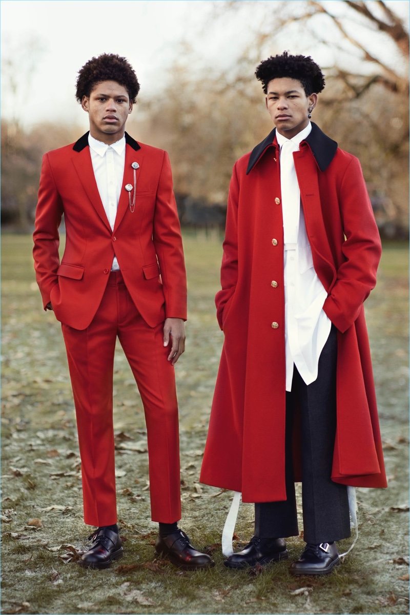 Making a color statement, Alexander McQueen turns out red suiting and outerwear.