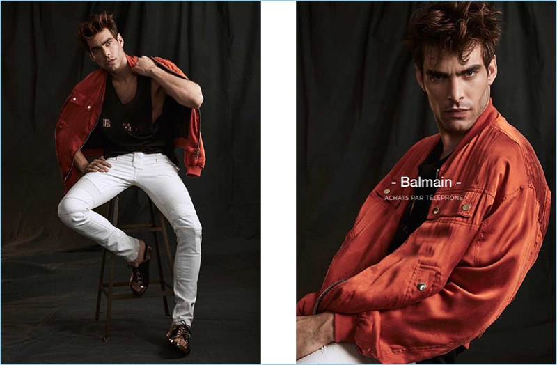 A sleek vision, Jon Kortajarena wears Balmain for Simons' new lookbook.