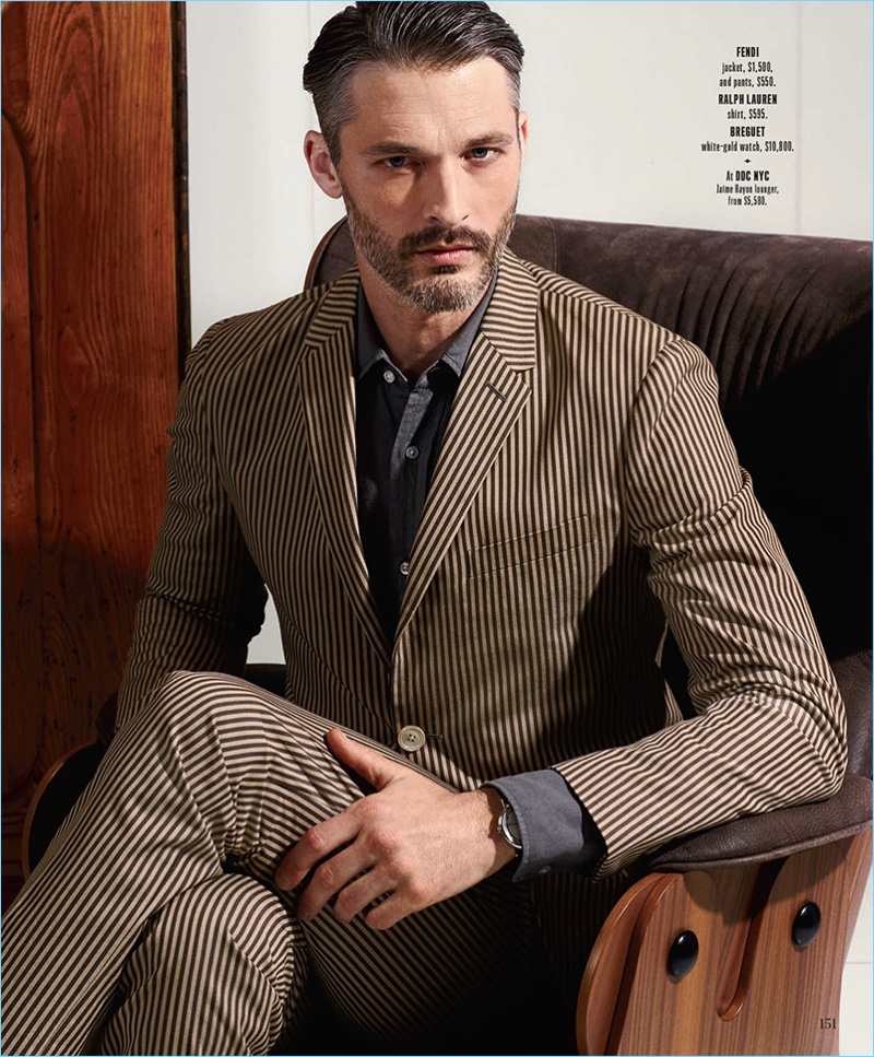 American model Ben Hill wears a striped Fendi suit with a Ralph Lauren shirt.