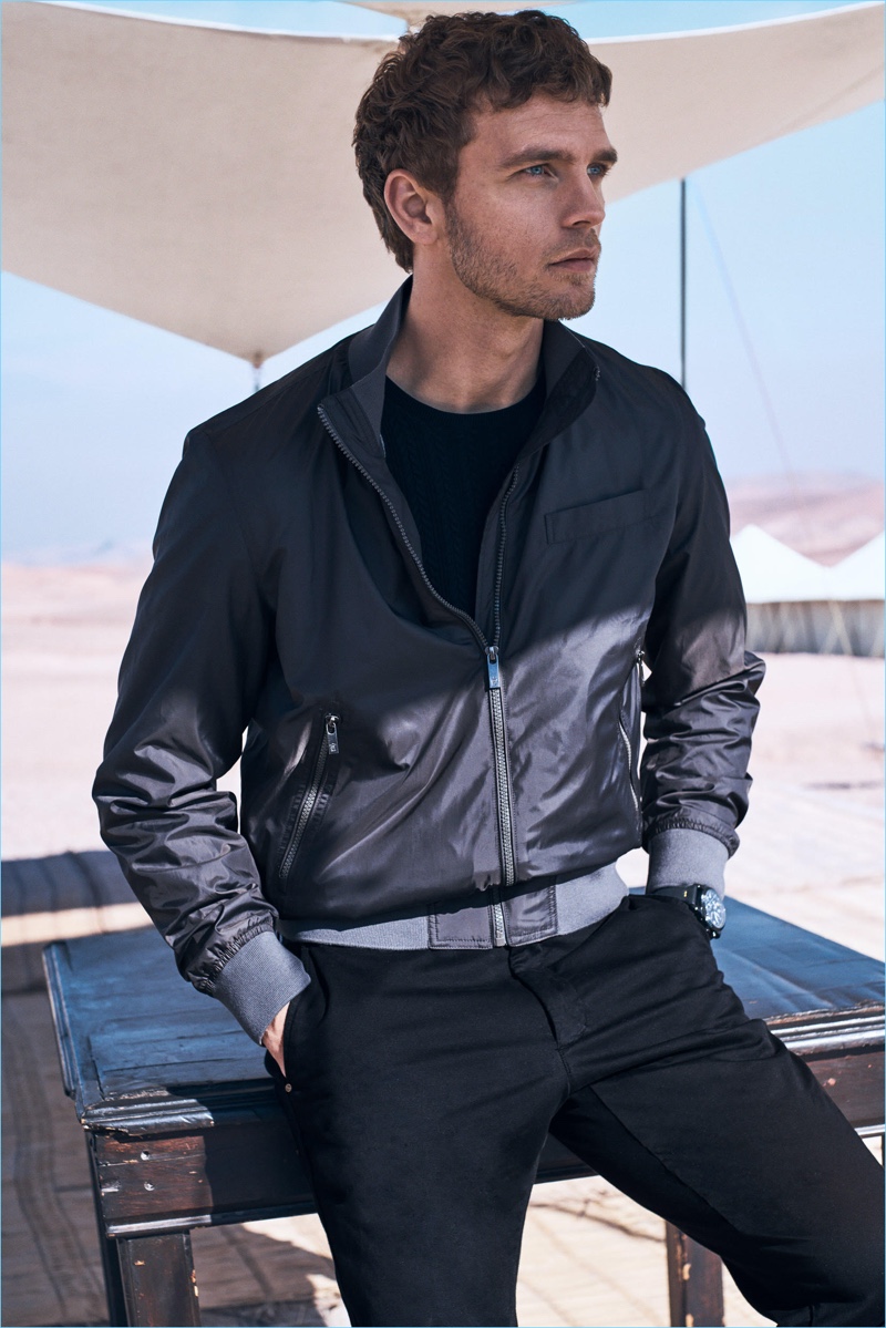 Benjamin Eidem sports a casual nylon jacket for Massimo Dutti's spring 2017 campaign.