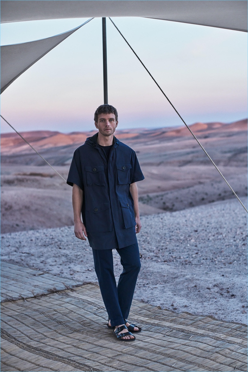 A vision in navy, Benjamin Eidem models a field jacket from Massimo Dutti's menswear collection.