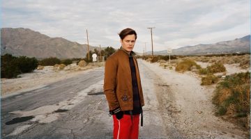 Bill Skarsgård Ventures Outdoors with Mr Porter, Talks Reality in Hollywood Bill Skarsgård wears a Lanvin bomber jacket with a sweater by The Soloist. Skarsgård also wears a Kent & Curwen shirt with Gucci trousers.