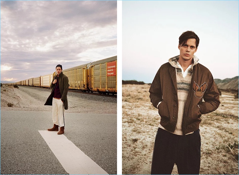 Left: Bill Skarsgård wears a Prada wool coat with a sweater by The Elder Statesman. The actor also sports a Kapital shirt, Dries Van Noten trousers, and AMI boots. Right: Skarsgård dons a RRL bomber jacket, Outerknown hoodie, POLO Ralph Lauren henley, and Haider Ackermann trousers.
