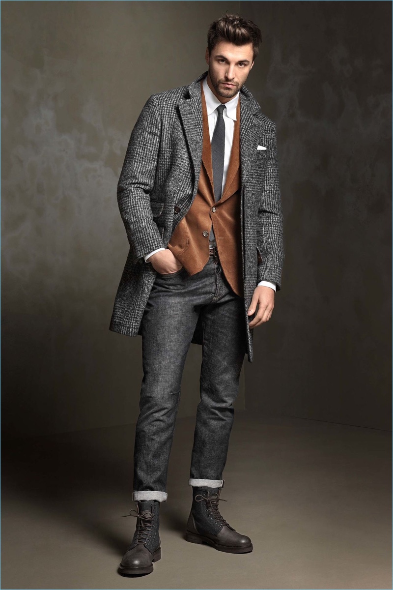 Denim comes together with a sharp single-breasted coat and rich brown sport coat from Brunello Cucinelli.