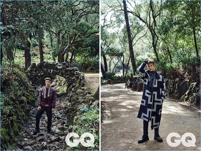 Left: Cameron Dallas dons a Givenchy leather jacket and shoes. He also wears a Tommy Hilfiger sweater and pants with a Joker scarf. Right: Cameron wears a sharp look from Louis Vuitton with a Joker scarf.