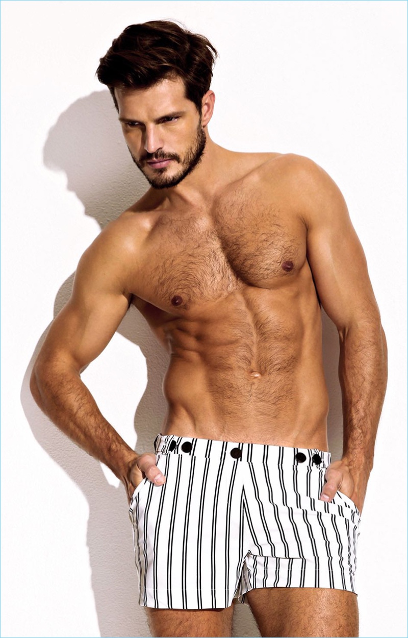 Ready for the beach, Diego Miguel sports Charlie by Matthew Zink's white Pajama Stripe Resort Shorts.