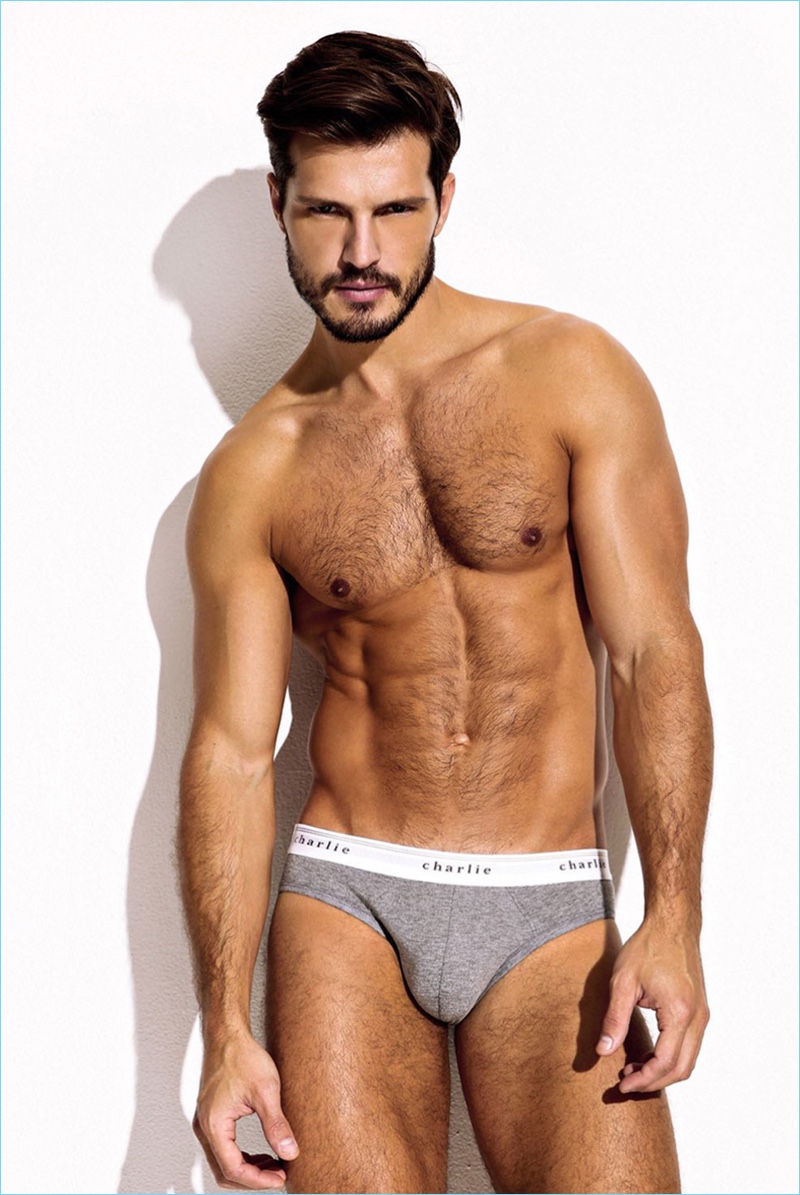 Diego Miguel sports grey underwear briefs from Charlie by Matthew Zink.