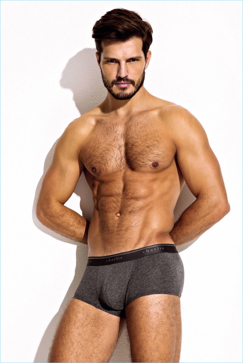 Front and center, Diego Miguel wears grey underwear from Charlie by Matthew Zink.
