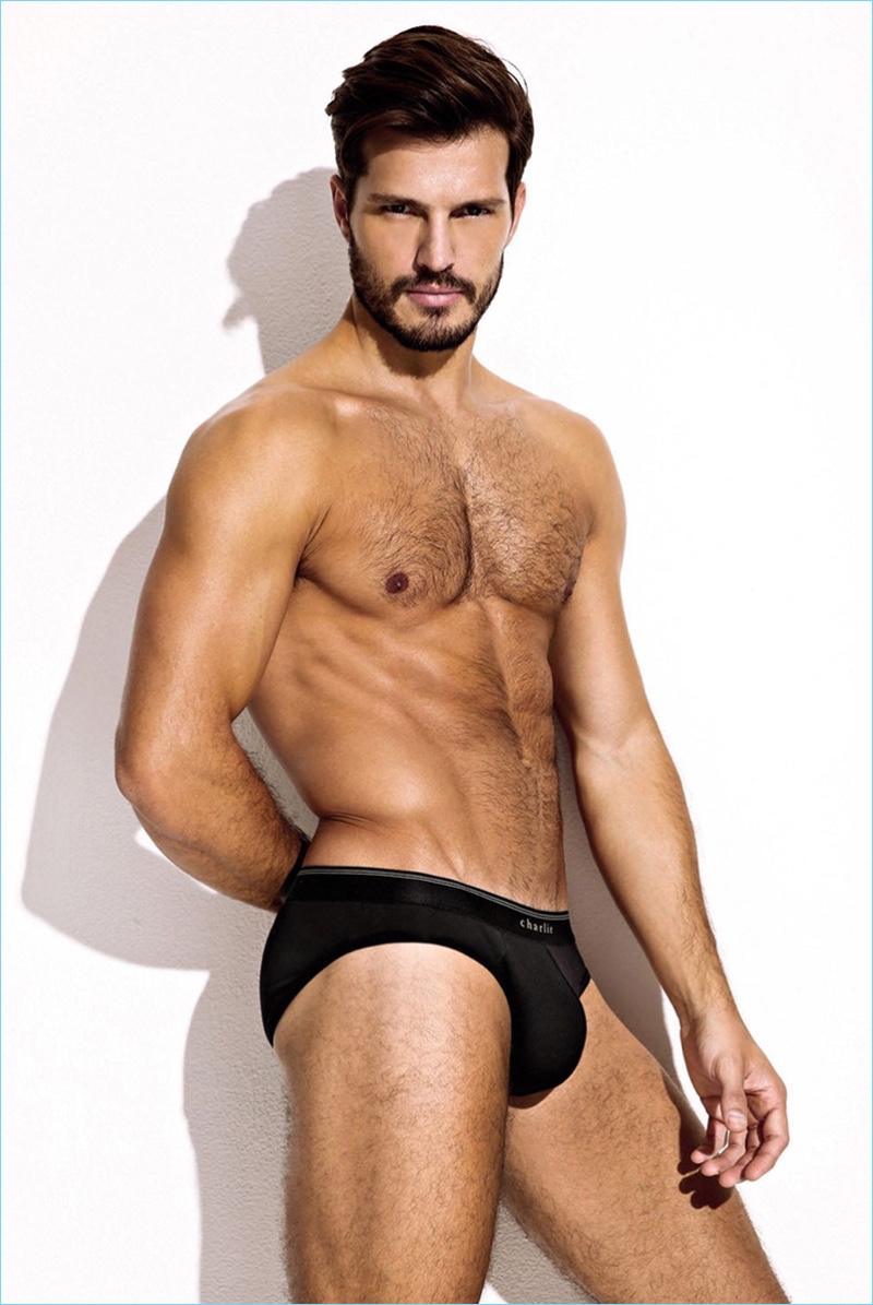 Embracing a classic black brief, Diego Miguel wears Charlie by Matthew Zink.