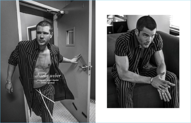 Actor Charlie Weber dons a striped shirt and pants by SECOND/LAYER.