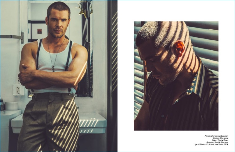 Exuding a retro charm, Charlie Weber dons a Calvin Klein wifebeater with Dior Homme suspenders. Weber also wears Balenciaga trousers.