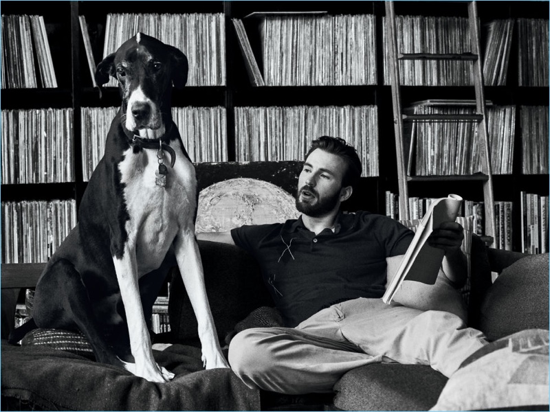 Captured in a black and white photo for Esquire, Chris Evans appears alongside a dog. » Chris Evans Covers Esquire, Reflects on Leaving Home for Hollywood Captured in a black and white photo for Esquire, Chris Evans appears alongside a dog.