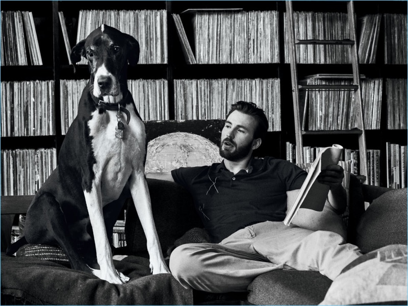 Captured in a black and white photo for Esquire, Chris Evans appears alongside a dog.