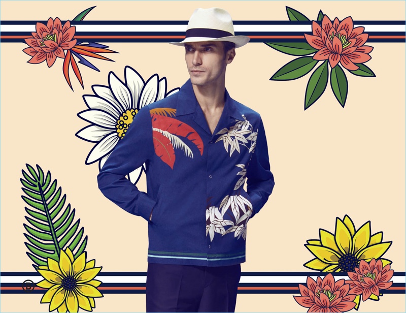 Tapping into a retro flair, Clément Chabernaud wears Valentino fashions with a Borsalino hat.