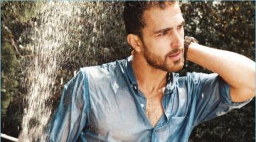 Heat Wave: Clint Mauro Cools Down with Men's Health Rocking a wet Country Road shirt, Clint Mauro also wears a Ben Sherman belt and Mango Man shorts.