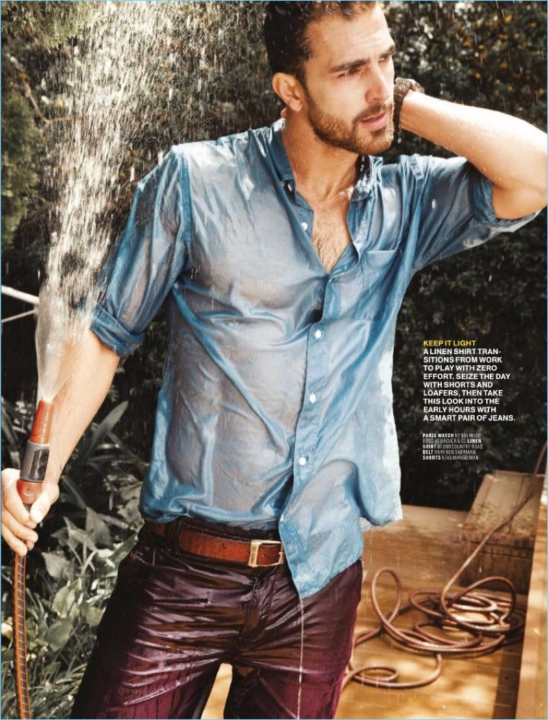 Rocking a wet Country Road shirt, Clint Mauro also wears a Ben Sherman belt and Mango Man shorts.