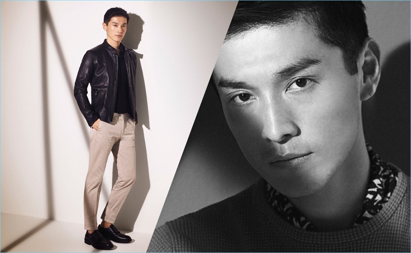 Offering everyday style options, Daisuke Ueda wears khaki pants with a leather jacket from Massimo Dutti.