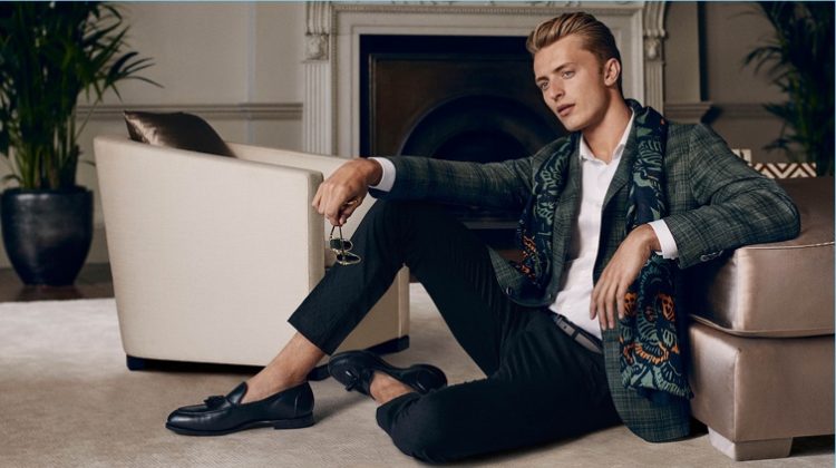 British model Max Rendell taps into dandy style for Daks' spring-summer 2017 campaign.