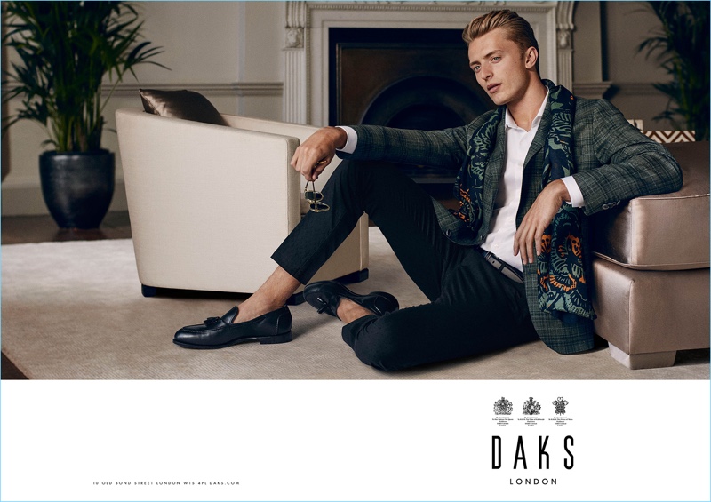 British model Max Rendell taps into dandy style for Daks' spring-summer 2017 campaign.