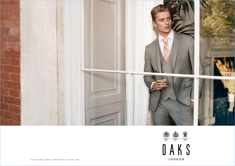 Donning a three-piece grey suit, Max Rendell fronts Daks' spring-summer 2017 campaign.