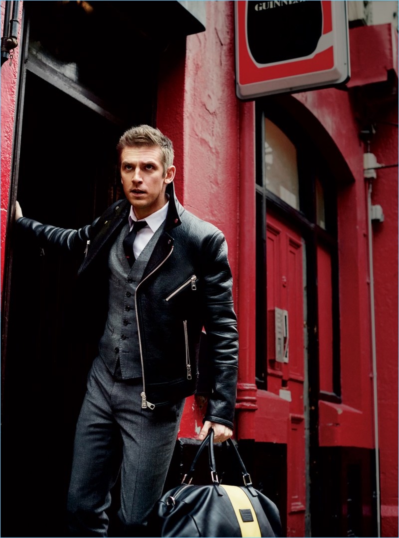 Adding a rebellious edge to a Dsquared2 suit, Dan Stevens rocks a Neil Barrett leather jacket with an Eton shirt.
