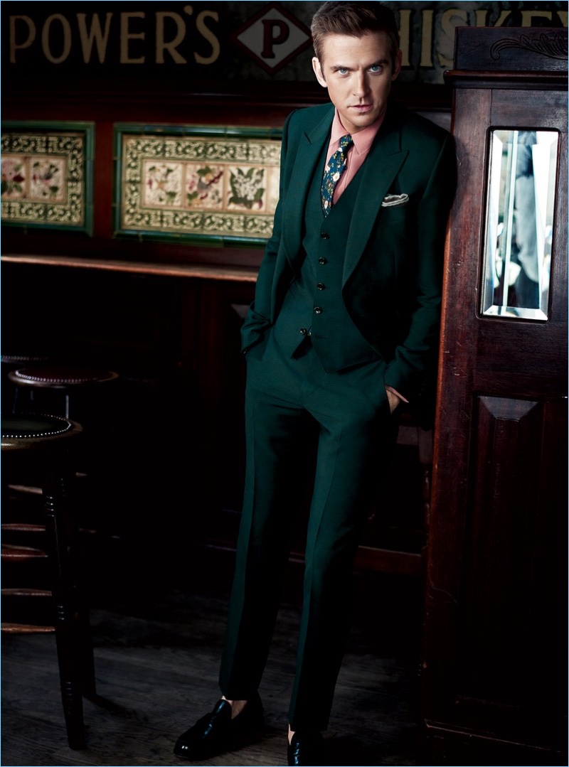 GQ enlists Dan Stevens for a new style shoot, which features the actor in a Gucci suit with Church's loafers.