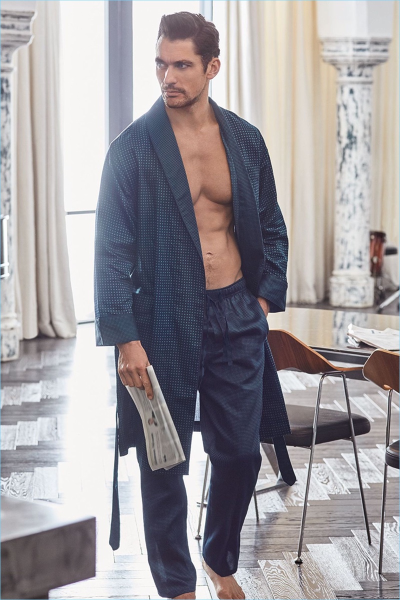 David Gandy dons a robe and pajamas from his spring-summer 2017 Autograph collection for Marks & Spencer.