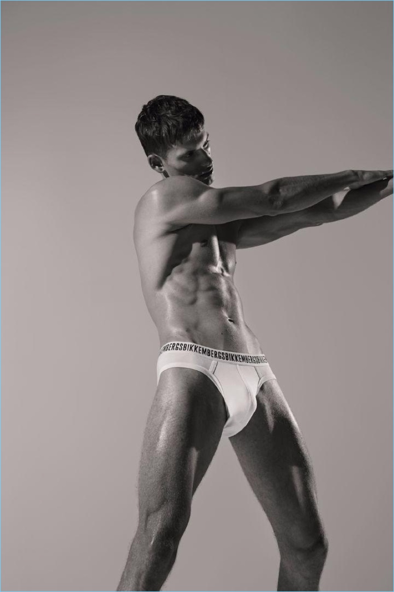 David Trulik rocks Dirk Bikkembergs white underwear briefs for the brand's spring-summer 2017 campaign.