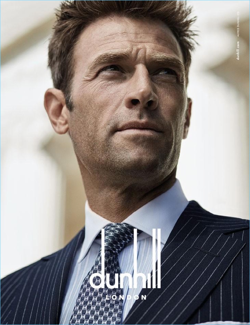 Simon Clark dons a pinstripe suit for Dunhill's spring-summer 2017 campaign.