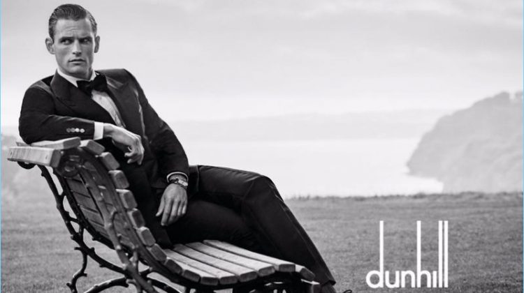 British model Guy Robinson wears a dapper tuxedo for Dunhill's spring-summer 2017 campaign.