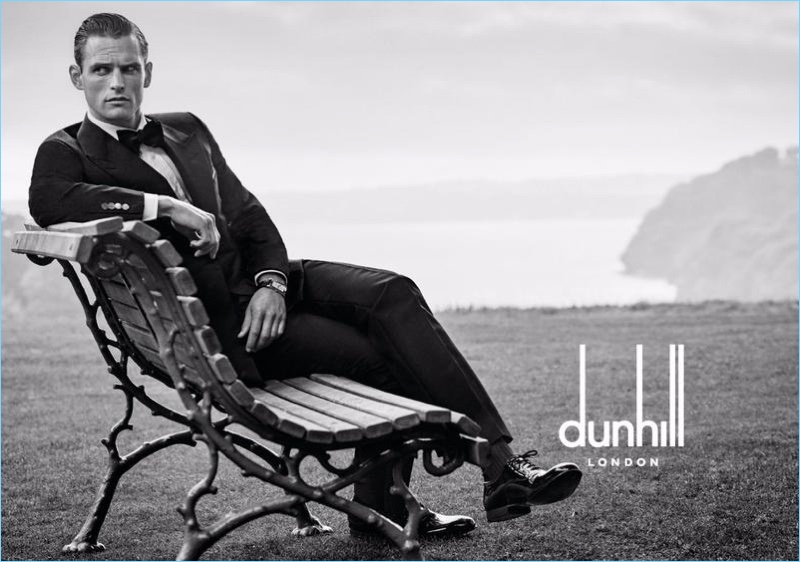 British model Guy Robinson wears a dapper tuxedo for Dunhill's spring-summer 2017 campaign.