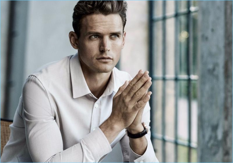 Model Guy Robinson dons a clean dress shirt for Dunhill's spring-summer 2017 campaign.