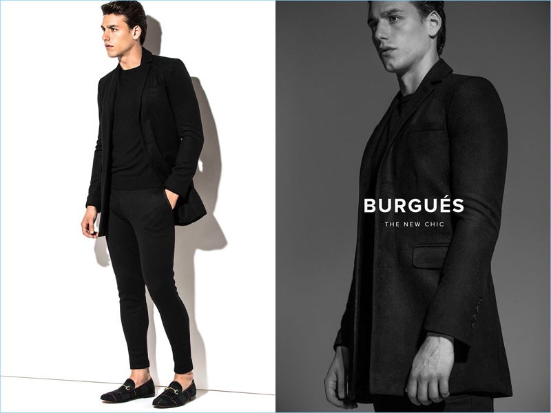 Clad in black, Mariano Ontañon wears minimal fashions from El Burgués' fall-winter 2017 collection.