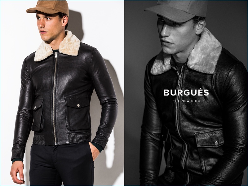 El Burgués embraces a fitted silhouette with a standout leather jacket modeled by Mariano Ontañon.