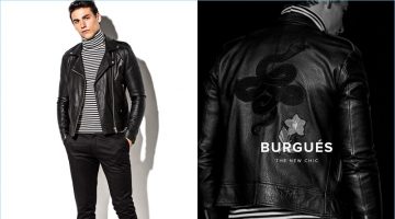 The New Chic: Mariano Ontañon Sports El Burgués' Fall '17 Collection Channeling Elvis Presley in Jailhouse Rock, Mariano Ontañon wears a striped turtleneck and leather biker jacket by El Burgués.