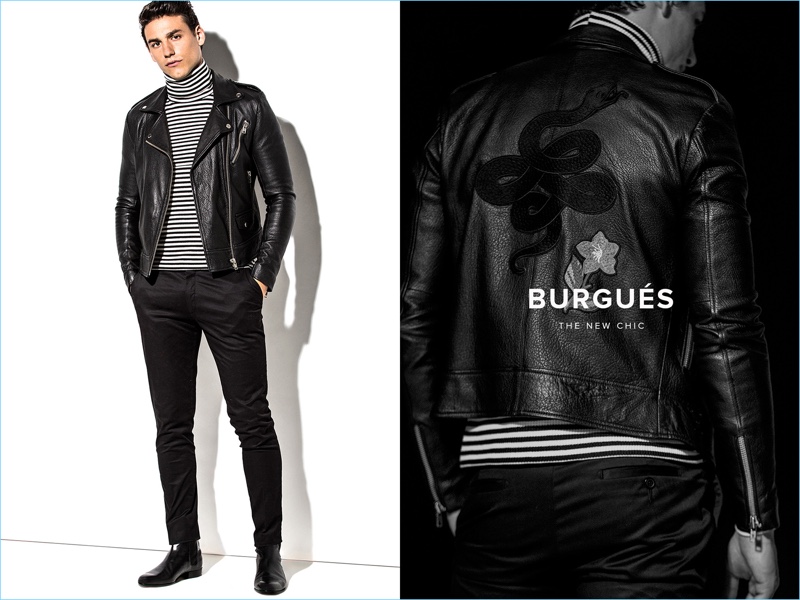 Channeling Elvis Presley in Jailhouse Rock, Mariano Ontañon wears a striped turtleneck and leather biker jacket by El Burgués.