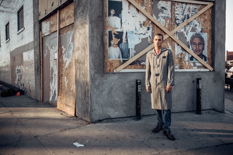 Kaleb wears shirt Private Policy, coat Devon Halfnight LeFlyufy, denim jeans and shoes A.P.C.