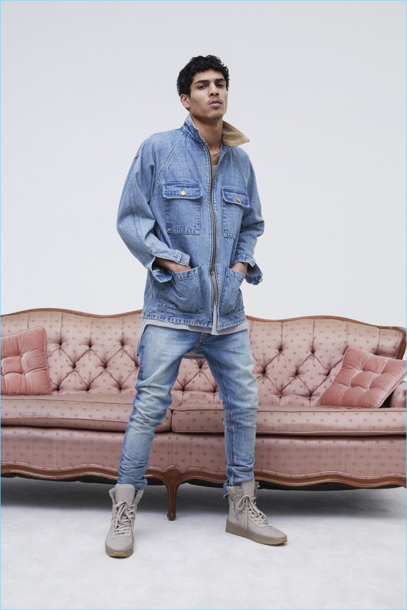 Doubling down on denim, Geron McKinley wears a fall-winter 2017 look by Fear of God.