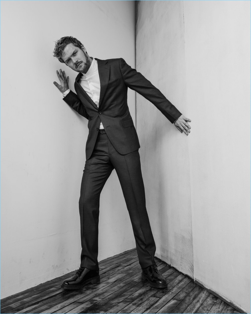 Finn Jones wears a J.Hilburn suit with a Stephen F shirt and Dr Martens shoes. » Finn Jones Stars in The Laterals Shoot, Talks 'Iron Fist' Finn Jones wears a J.Hilburn suit with a Stephen F shirt and Dr Martens shoes.