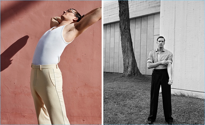 Left: Florian Van Bael wears Gucci trousers with a vintage wifebeater, and Ray-Ban Clubmaster glasses. Right: Standing tall, Florian wears a Burberry shirt and pleated trousers.