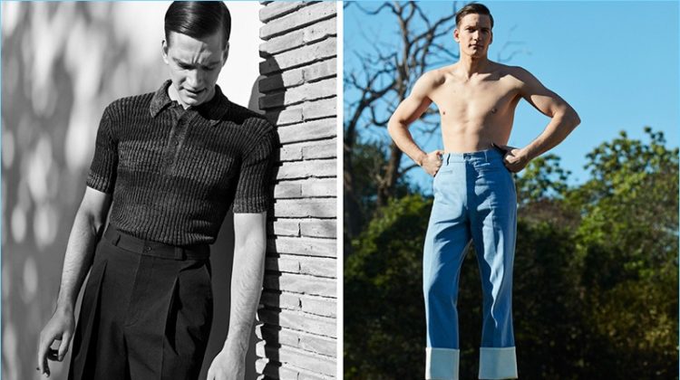 Left: Florian Van Bael wears a knit polo and pleated trousers by Bottega Veneta. Right: Going shirtless, Florian dons cropped pants and leather moccasins by Loewe.