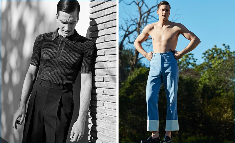 Left: Florian Van Bael wears a knit polo and pleated trousers by Bottega Veneta. Right: Going shirtless, Florian dons cropped pants and leather moccasins by Loewe. 