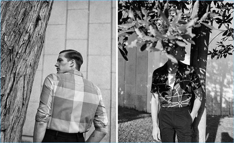 Left: Florian Van Bael sports a check shirt and pants by Prada. Right: Florian dons a shirt and pants from Louis Vuitton.