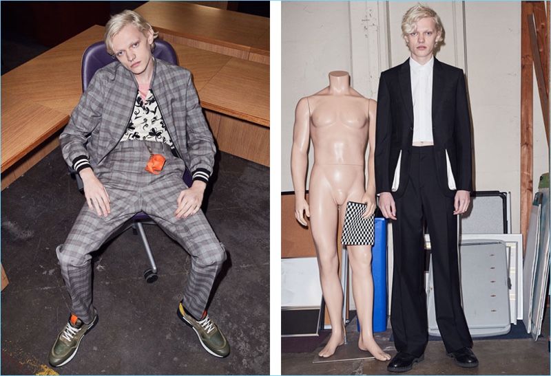 Left: Embrace the racing jacket with a sharp Prince of Wales look and easy tee from Lanvin. A Junya Watanabe camp collared shirt, Givenchy sneakers, and Loewe elephant charm completes the look. Right: Make a sharp modern statement with a suiting ensemble and boots from Givenchy.