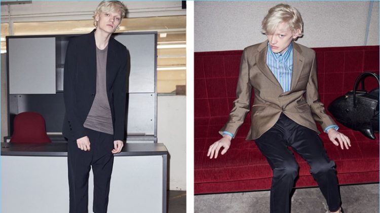 Left: When it comes to adding a cool attitude to suiting, look no further than Rick Owens. The designer turns out relaxed proportions and killer leather boots. Right: Jump on the Stella McCartney bandwagon with a blazer and striped shirt. Forward also features Acne Studios trousers with dress shoes and a shark bag by Thom Browne.