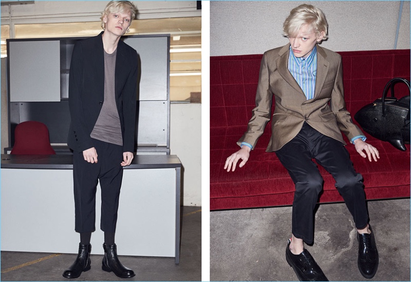 Left: When it comes to adding a cool attitude to suiting, look no further than Rick Owens. The designer turns out relaxed proportions and killer leather boots. Right: Jump on the Stella McCartney bandwagon with a blazer and striped shirt. Forward also features Acne Studios trousers with dress shoes and a shark bag by Thom Browne.